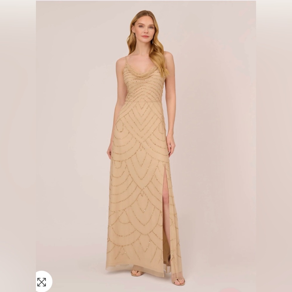 NWT Adrianna Papell Art Deco Beaded Mermaid Gown - Champagne